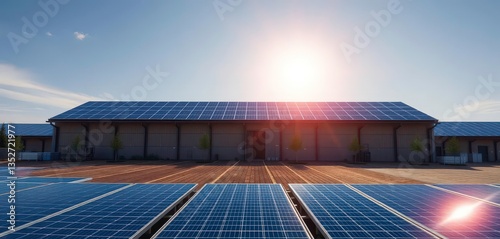 Sustainable warehouse with solar panels reflecting sunlight, renewable energy, environmentally friendly