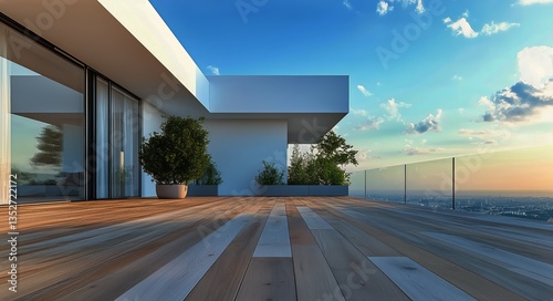 Stunning Modern Terrace Overlooking City Skyline at Sunset With Clear Skies a...