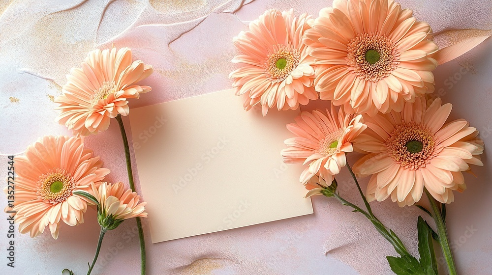Obraz premium A delicate arrangement of peach gerbera daisies and a blank note paper on a soft mauve background, a cheerful and elegant way to celebrate.