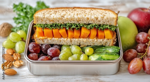 Healthy Lunchbox With Fresh Vegetables, Fruits, and a Sandwich Arranged in a ...