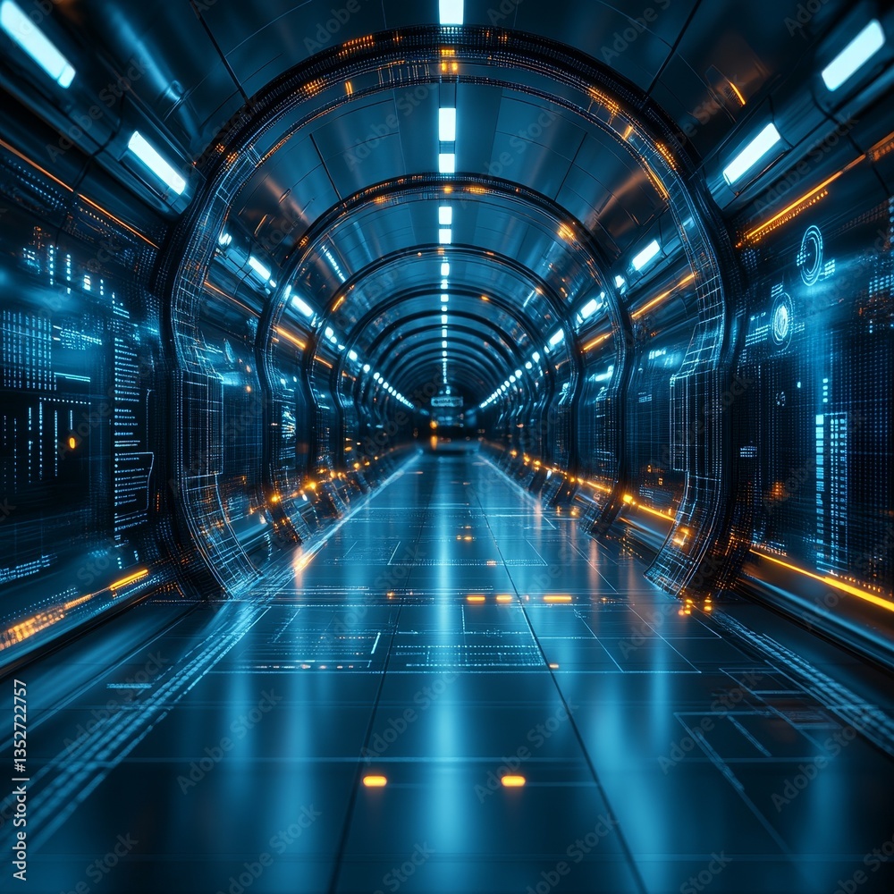 Fototapeta premium Futuristic Digital Architecture: Neon-Blue Sci-Fi Interior with Glowing LED Panels in a High-Tech Virtual Tunnel