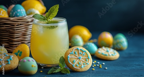 Refreshing Lemonade With Lemon Slices and Decorated Cookies by Colorful Easte...