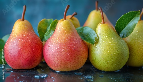 Colorful Pears With Water Droplets Arranged on Dark Surface