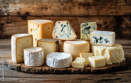 Varieties of Cheese Displayed on Rustic Wooden Table With Herbs and Textures
