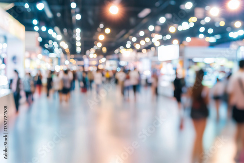 Blur, defocused background of public exhibition hall. Business tradeshow, job fair, or stock market. Organization or company event, commercial trading, or shopping mall marketing advertisement concept