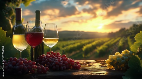Wine Tasting Event Featuring Red and White Wines With Grapes at Sunset in a V...