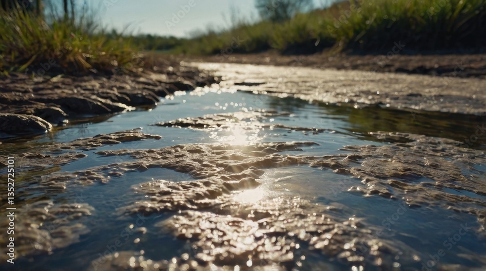 A small stream with clear water, reflections of the sky in the water, faint waves on the water