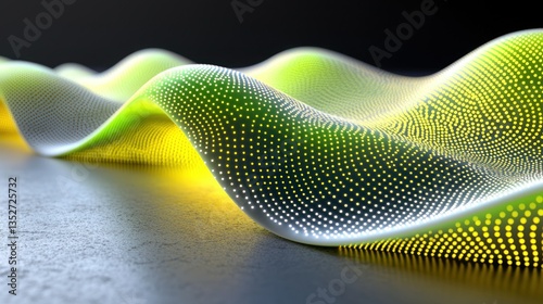 Abstract, undulating surface formed from green and yellow illuminated points, smooth texture