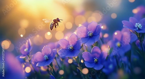Close-up View of a Bee Collecting Pollen From Vibrant Purple Flowers During G...