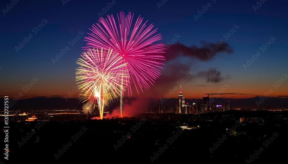 Vibrant fireworks explode over a silhouetted city at dusk, illuminating the night sky, night, dramatic Vibrant fireworks explode over a silhouetted city at dusk, illuminating the night sky, night, dramatic