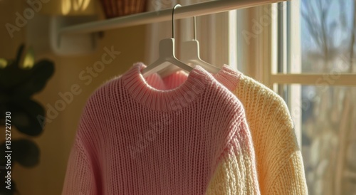 Soft Sweaters Hang Against a Sunny Window With Delicate Flowers in a Cozy Int...