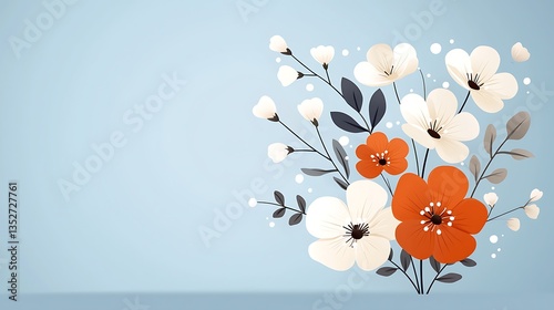 Abstract Floral Background with White and Orange Flowers on Light Blue
