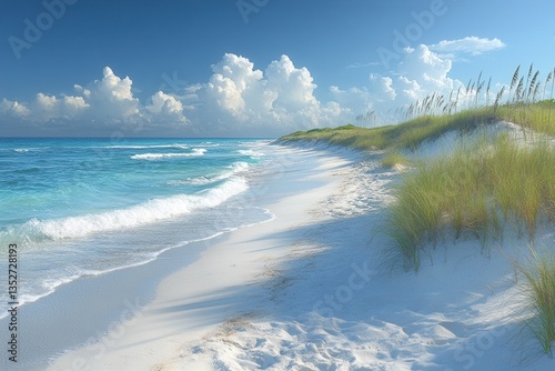 Clear blue water gently laps at the sandy shore under a bright sky with fluffy clouds in a serene beach landscape