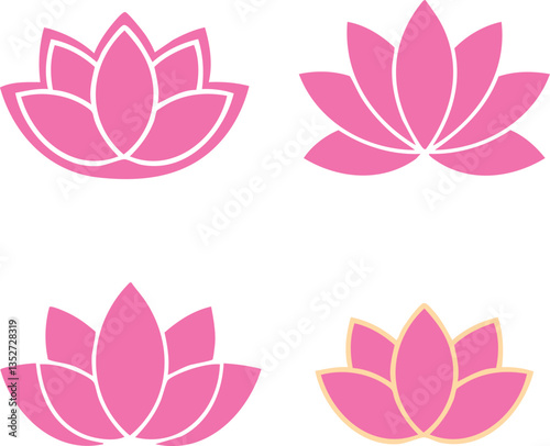 Pink lotus flower icon variations with outline and flat style