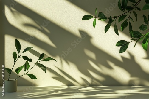 Sunlight Casting Shadows on a Wall With Green Leaves Creating a Peaceful Atmo...