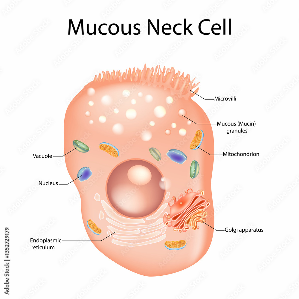 Fototapeta premium Mucous Neck Cell Structure Vector Illustration with Labeled Organelles. Human Mucous Cell Anatomy Diagram. 