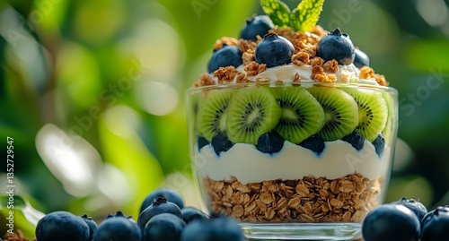Delicious Layered Dessert With Yogurt, Kiwi, Blueberries, and Granola in a Br...