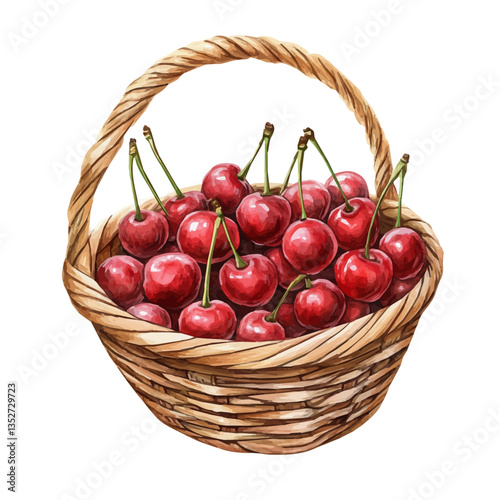 A watercolor vector painting of a Brazilian cherry basket, isolated on a white background. Brazilian cherry basket vector.

