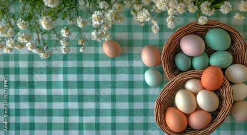 Colorful Decorated Eggs in Wicker Baskets With Flowers on a Table Indoors Dur...