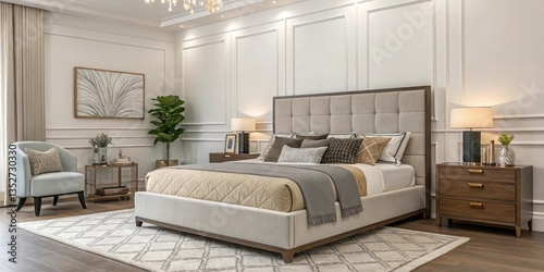 A stylish bedroom with a large bed, modern decor, and soft textures on a clean white backdrop.