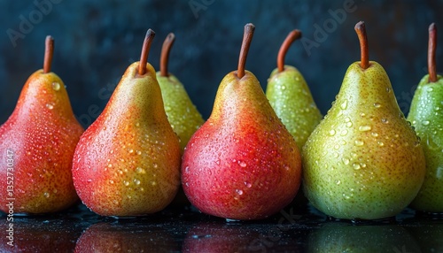 Colorful Pears With Water Droplets Arranged on Dark Surface