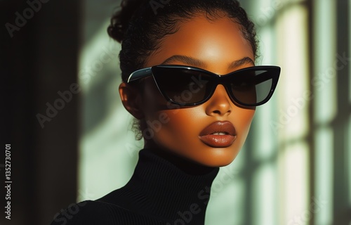 Elegant Model Poses Confidently in Stylish Sunglasses With Dramatic Lighting ...