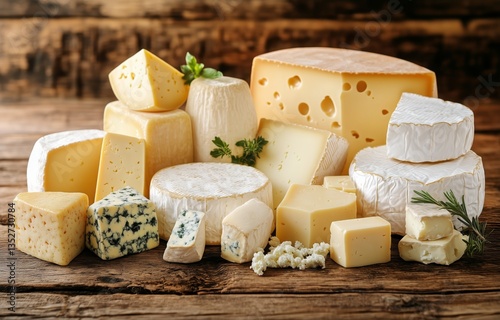 Varieties of Cheese Displayed on Rustic Wooden Table With Herbs and Textures
