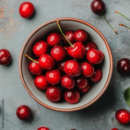 Fresh Cherries Displayed in a Rustic Bowl With Scattered Fruits Around on a T...