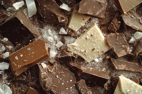Delicious Assortment of Various Chocolate Pieces With Sea Salt and Sugar Crys...