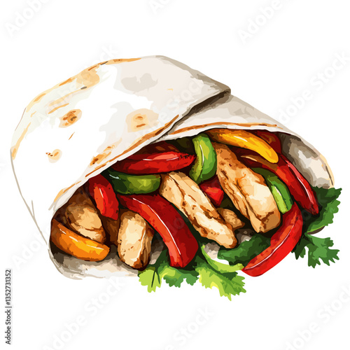 Watercolor Chicken Fajita Wrap with Bell Peppers