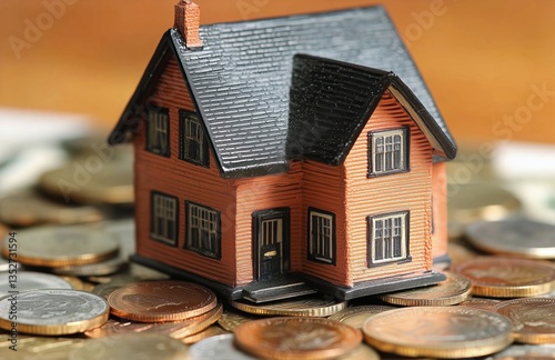 Model House on Coins Representing Real Estate Investment Opportunities and Fi...