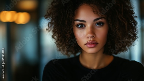 Captivating Portrait of a Woman With Curly Hair in a Modern Indoor Setting Du...