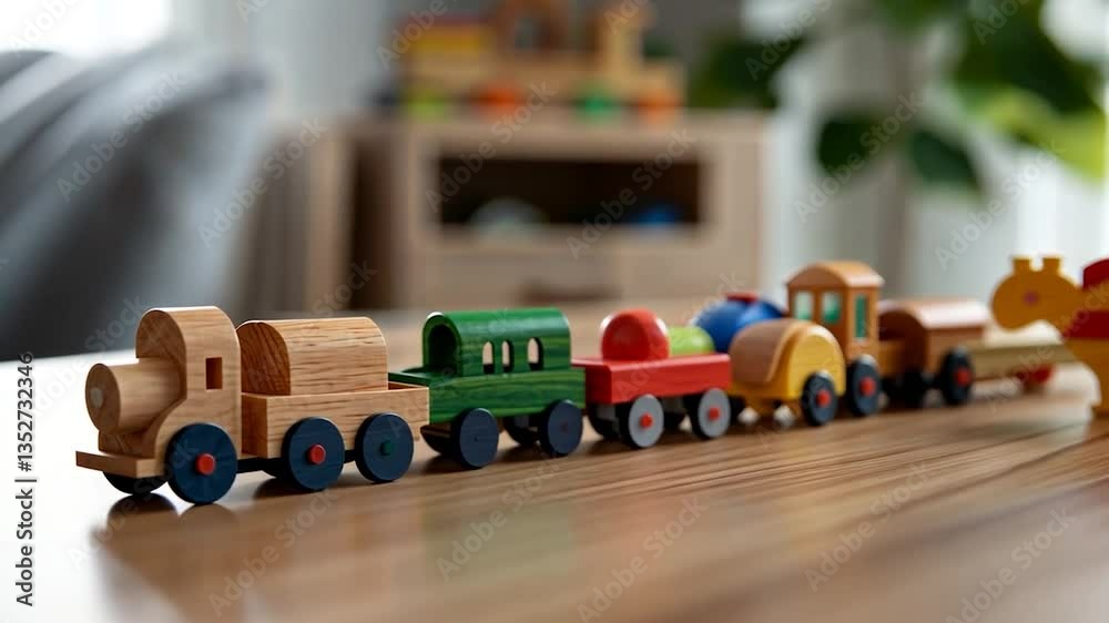 Colorful wooden toy train set arranged on a table in a bright room