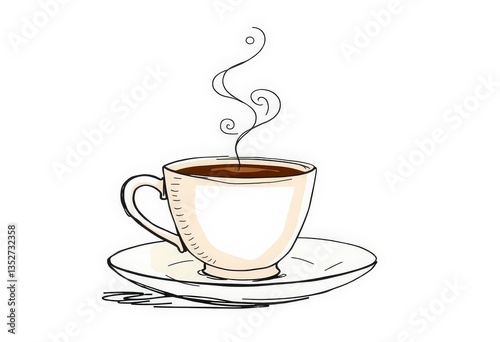 Whimsical hand-drawn coffee cup with swirling steam atop a saucer, sketched style, coffee illustration, warm