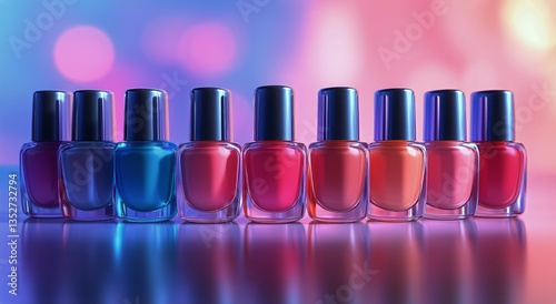Colorful Nail Polish Bottles Arranged in Creative Display With Festive Lights...