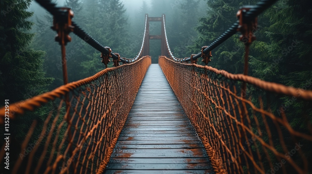 Fototapeta premium Rusty suspension bridge through misty forest