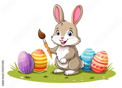 Happy Easter bunny painting colorful Easter eggs, vector illustration with perfectly sharp outlines on white background.