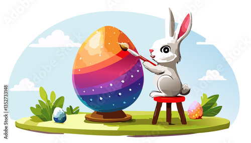 Happy Easter bunny painting colorful Easter eggs, vector illustration with perfectly sharp outlines on white background.