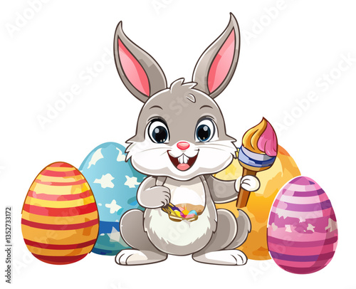 Happy Easter bunny painting colorful Easter eggs, vector illustration with perfectly sharp outlines on white background.