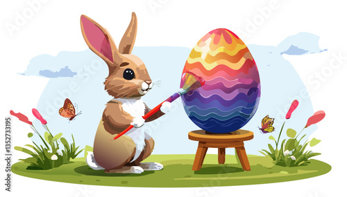 Happy Easter bunny painting colorful Easter eggs, vector illustration with perfectly sharp outlines on white background.