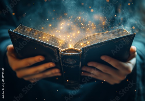 Magical Book Opening With Sparkling Light in Mystical Atmosphere
