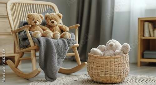 Cozy Nursery Corner Featuring Plush Bears and a Rocking Chair With Warm Decor...