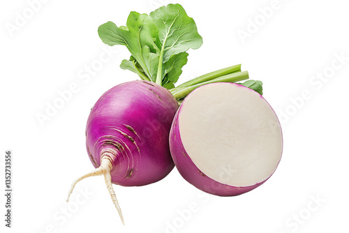 Fresh red turnip with green leaves and sliced pieces isolated on white transparent background. Concept of healthy organic vegetables, nutrition, and farming