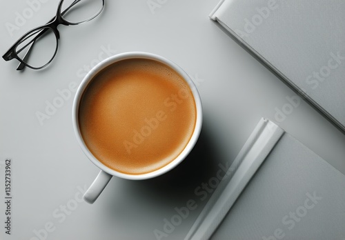 Warm Coffee in a White Cup Beside Glasses and Books on a Table in a Cozy Indo...