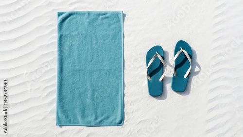 Bright blue beach towel and stylish flip-flops on soft white sand in minimalist top view, summer travel essentials layout with copy space photo