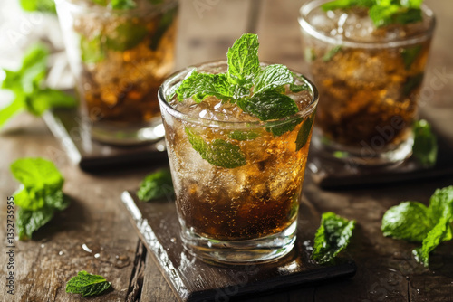 Refreshing kentucky derby mint julep cocktails with ice and garnish on rustic wood table