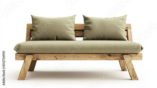 a wooden garden sofa with green cushions on a white background 