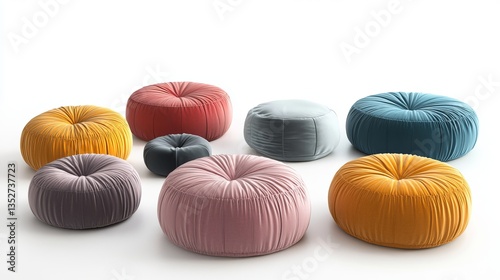 A collection of pouf chairs in different colors, isolated against a white background