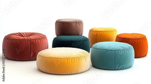 A collection of pouf chairs in different colors, isolated against a white background