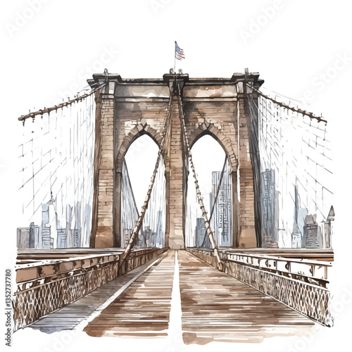 A watercolor vector painting of the Brooklyn Bridge, isolated on a white background. Brooklyn Bridge vector.

